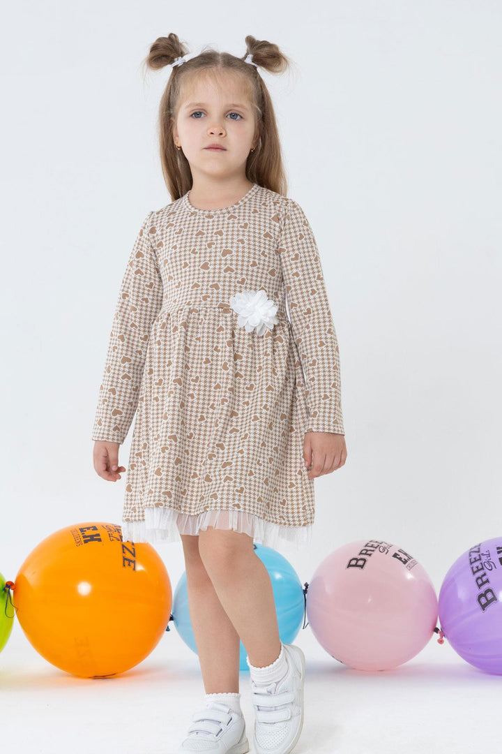 BRE Breeze Girl Child Long Sleeve Dress Heart & Houndstooth Patterned 3-7 Years, Beige - Croydon