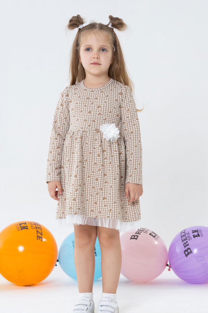 BRE Breeze Girl Child Long Sleeve Dress Heart & Houndstooth Patterned 3-7 Years, Beige - Croydon