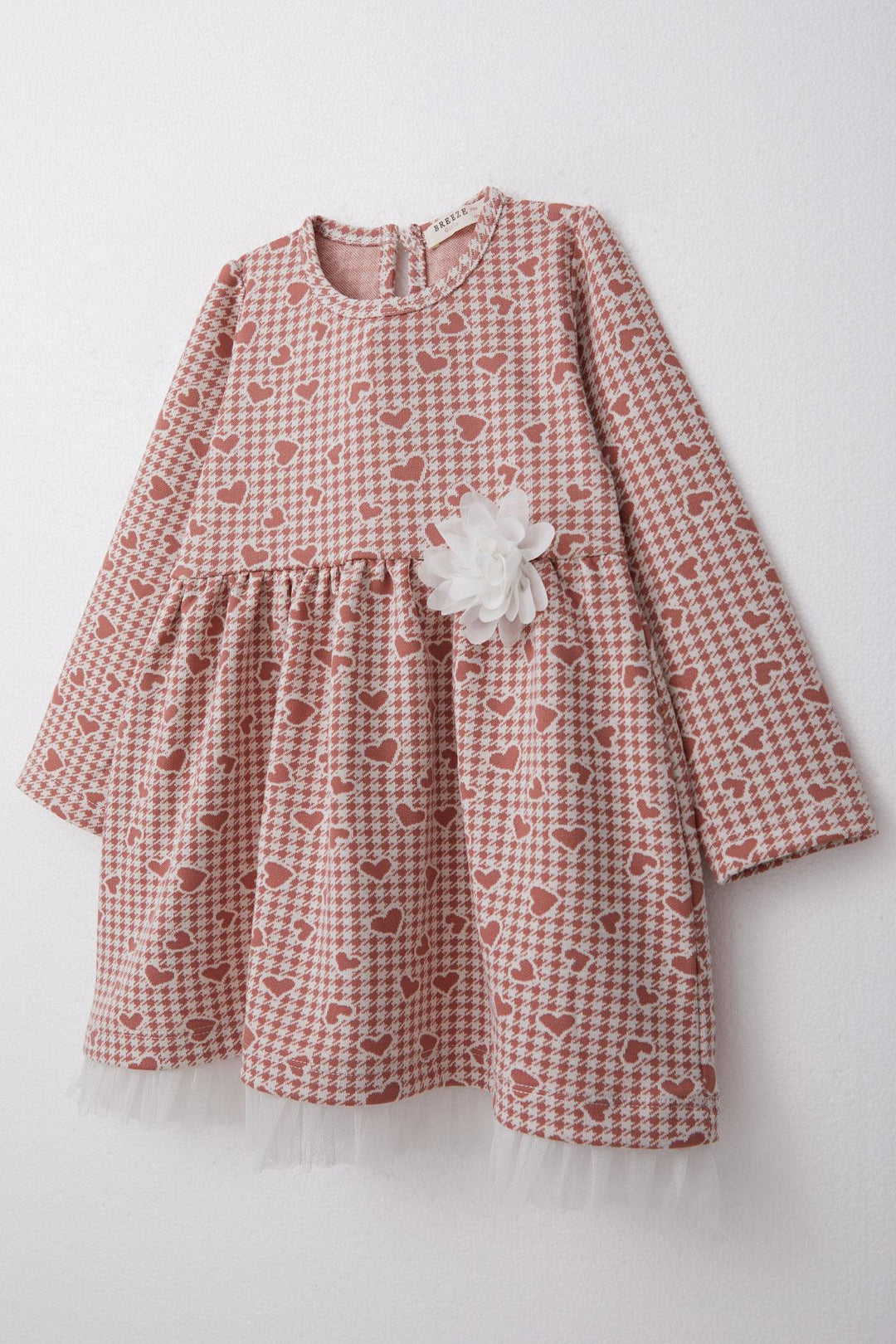 BRE Breeze Girl Child Long Sleeve Dress Heart & Herringbone Patterned 3-7 Years, Terracotta - Perinton