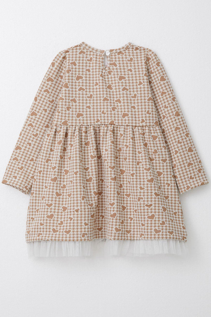 BRE Breeze Girl Child Long Sleeve Dress Heart & Houndstooth Patterned 3-7 Years, Beige - Croydon
