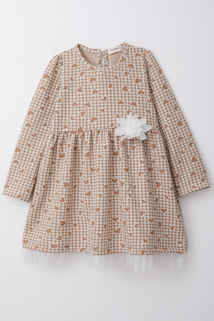 BRE Breeze Girl Child Long Sleeve Dress Heart & Houndstooth Patterned 3-7 Years, Beige - Croydon