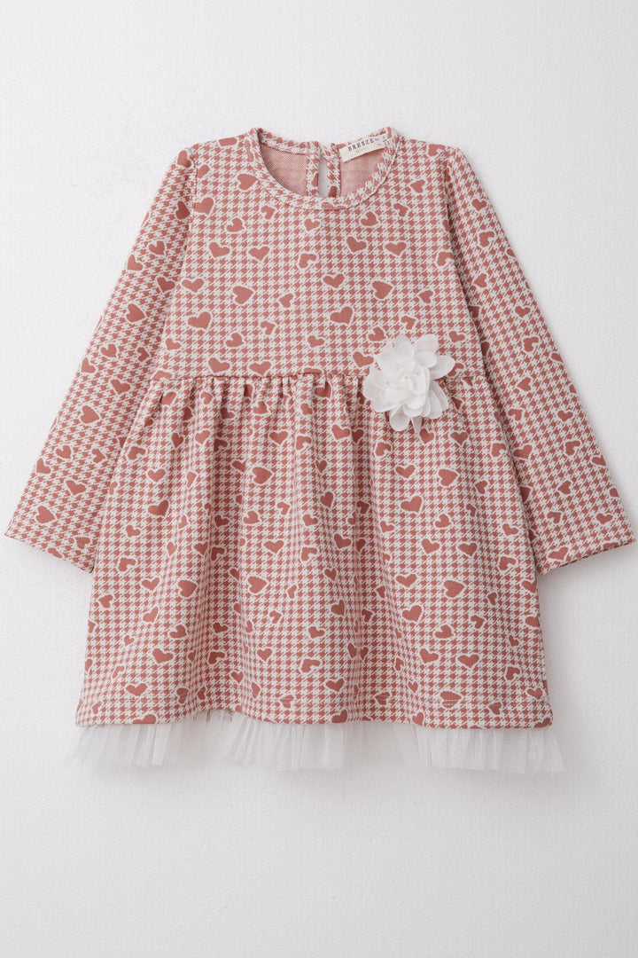 BRE Breeze Girl Child Long Sleeve Dress Heart & Herringbone Patterned 3-7 Years, Terracotta - Perinton