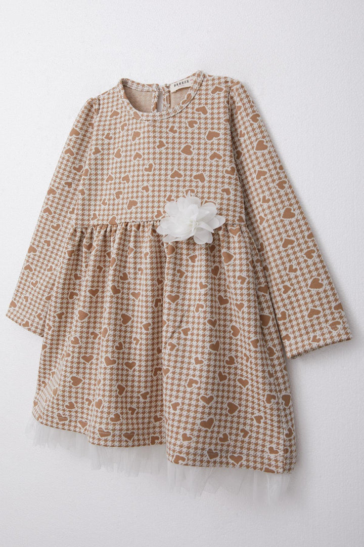 BRE Breeze Girl Child Long Sleeve Dress Heart & Houndstooth Patterned 3-7 Years, Beige - Croydon