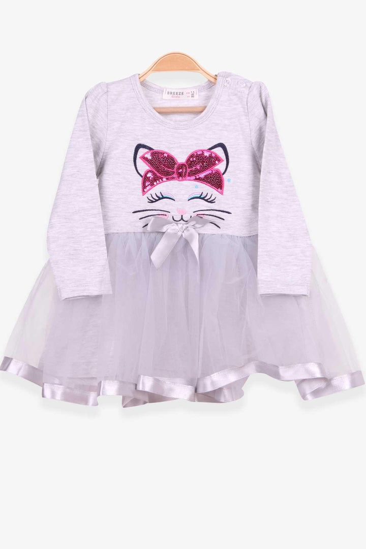 BRE Breeze Girl Child Long Sleeve Dress with Cat Embroidery Sequins 1.5-5 Years, Light Grey Melange - Huntington Station