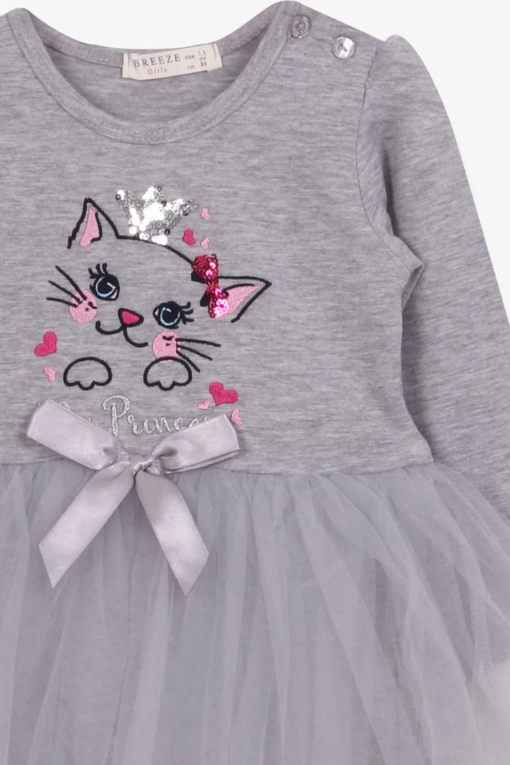 BRE Breeze Girl Child Long Sleeve Dress with Cat Embroidery Sequined 1.5-5 Years, Grey Melange - Bilbao