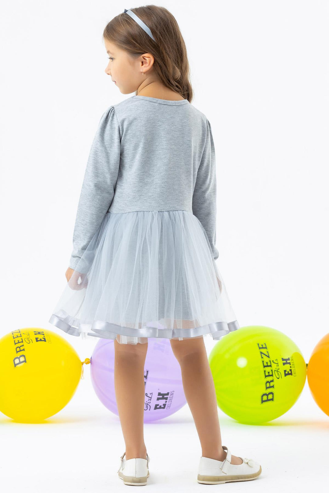 BRE Breeze Girl Child Long Sleeve Dress with Cat Embroidery Sequined 1.5-5 Years, Grey Melange - Bilbao