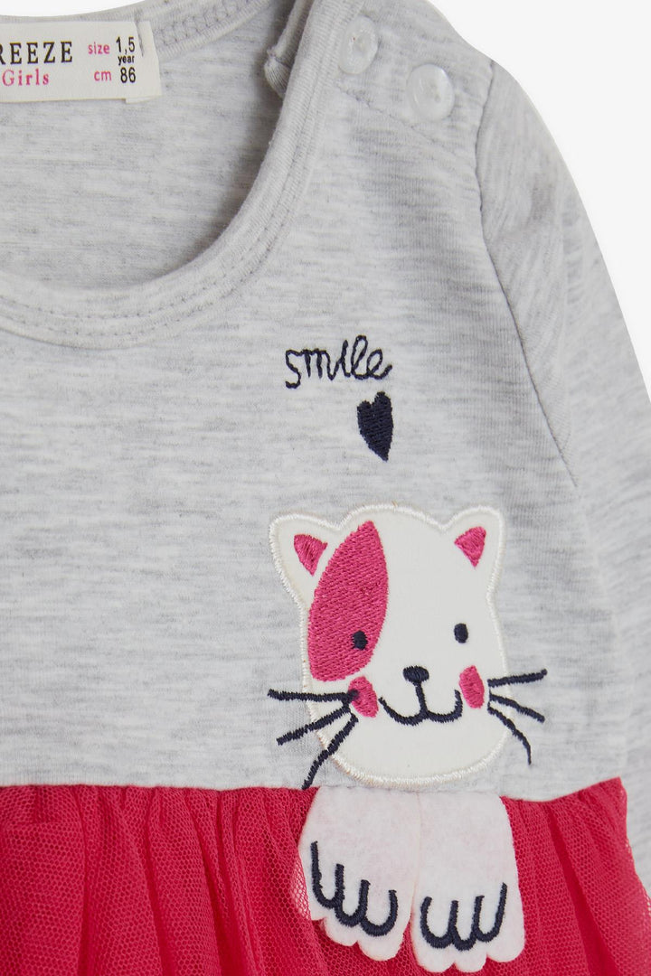 BRE Breeze Girl Child Long Sleeve Dress with Cat Embroidery 1.5-5 Years, Grey Melange - Culver City