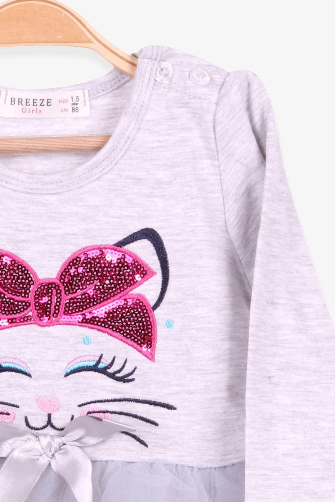 BRE Breeze Girl Child Long Sleeve Dress with Cat Embroidery Sequins 1.5-5 Years, Light Grey Melange - Huntington Station