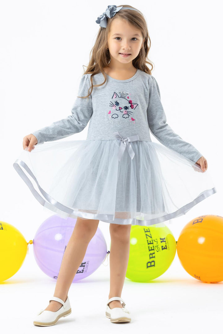 BRE Breeze Girl Child Long Sleeve Dress with Cat Embroidery Sequined 1.5-5 Years, Grey Melange - Bilbao