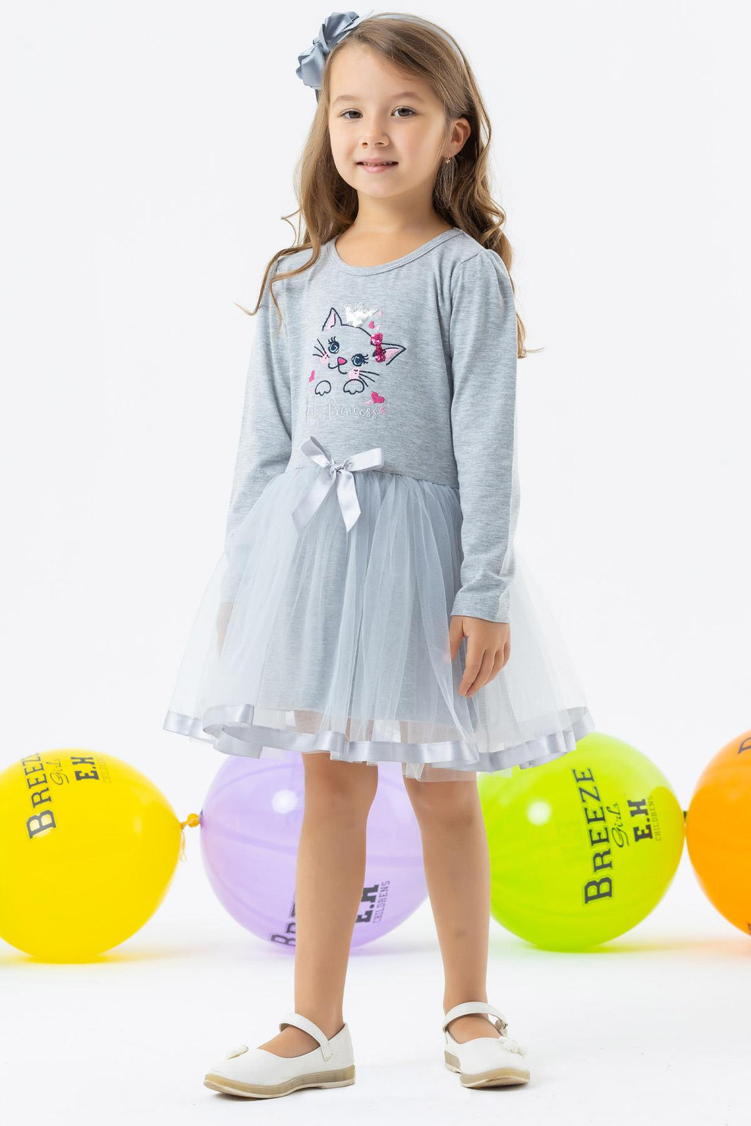 BRE Breeze Girl Child Long Sleeve Dress with Cat Embroidery Sequined 1.5-5 Years, Grey Melange - Bilbao