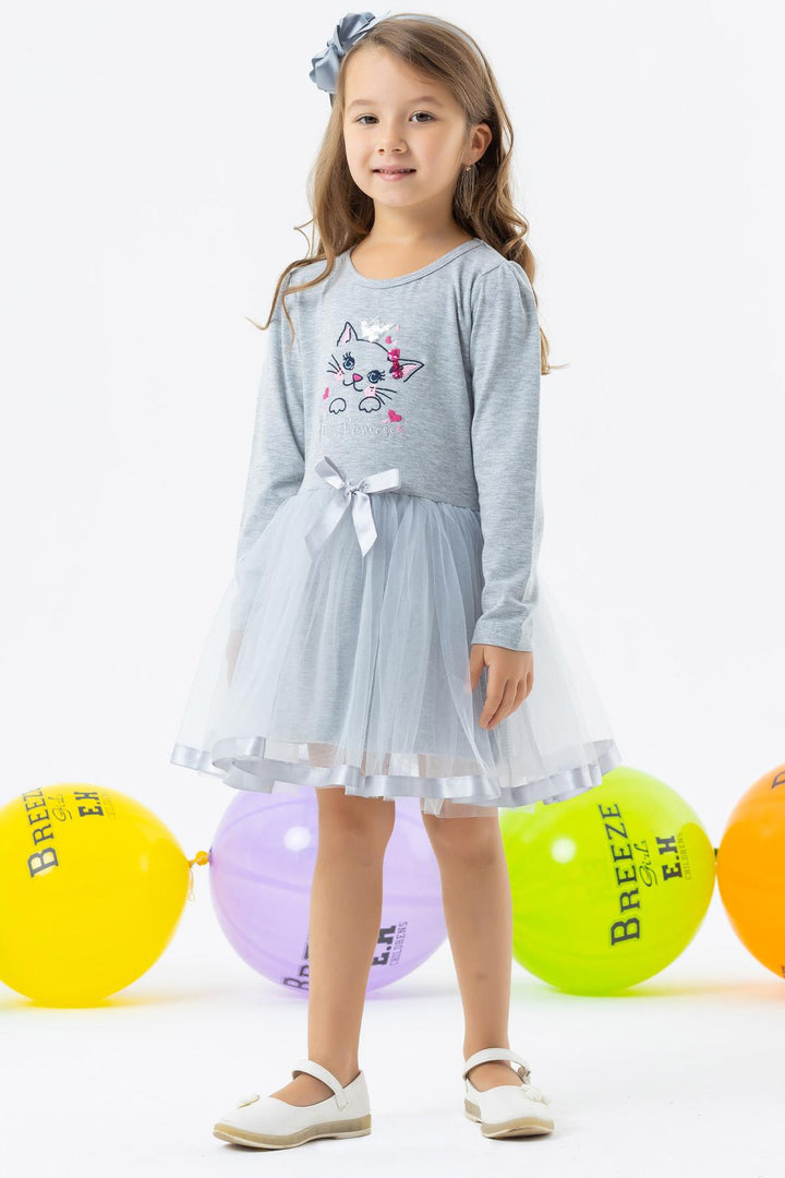 BRE Breeze Girl Child Long Sleeve Dress with Cat Embroidery Sequined 1.5-5 Years, Grey Melange - Bilbao