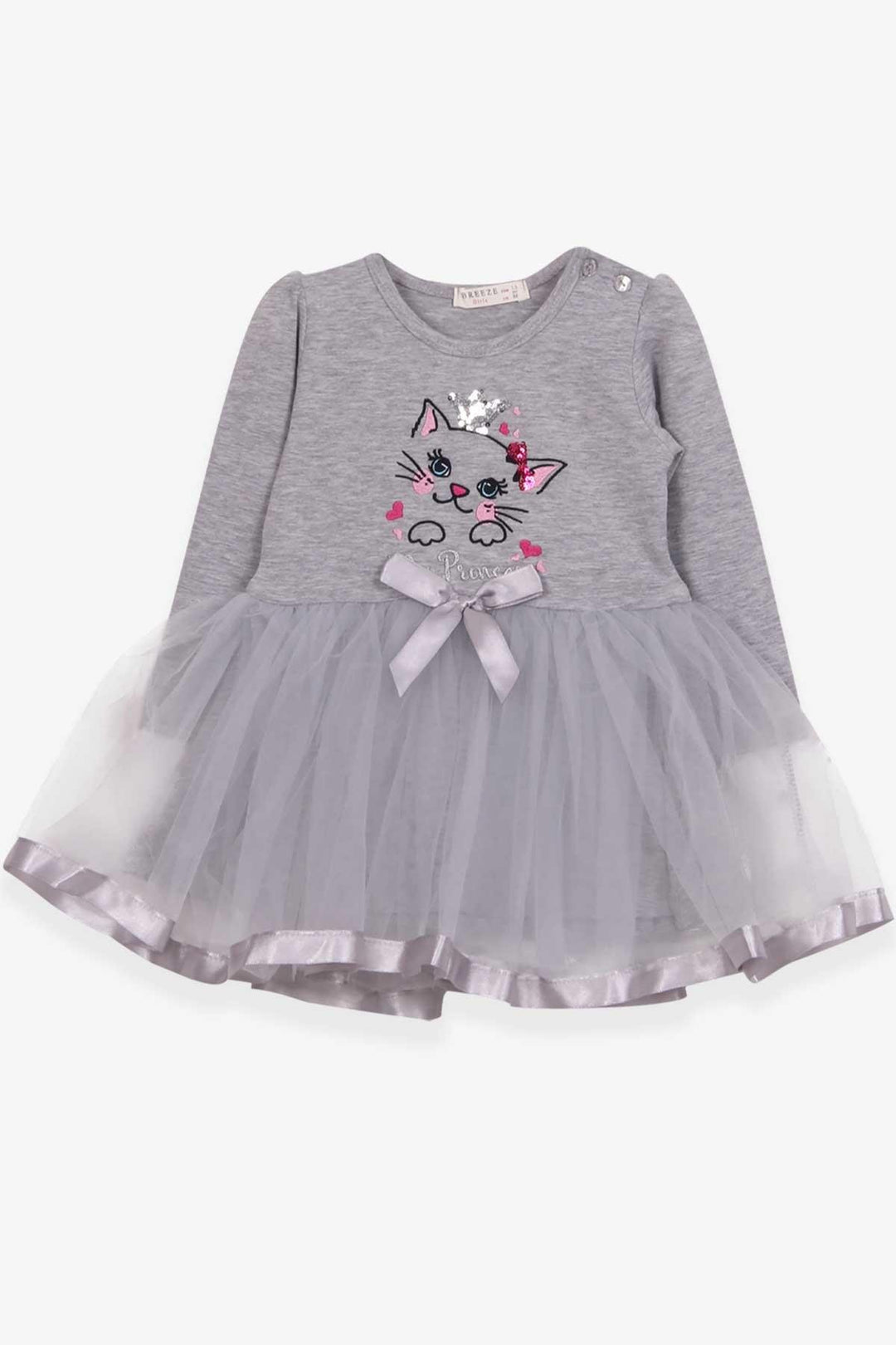 BRE Breeze Girl Child Long Sleeve Dress with Cat Embroidery Sequined 1.5-5 Years, Grey Melange - Bilbao