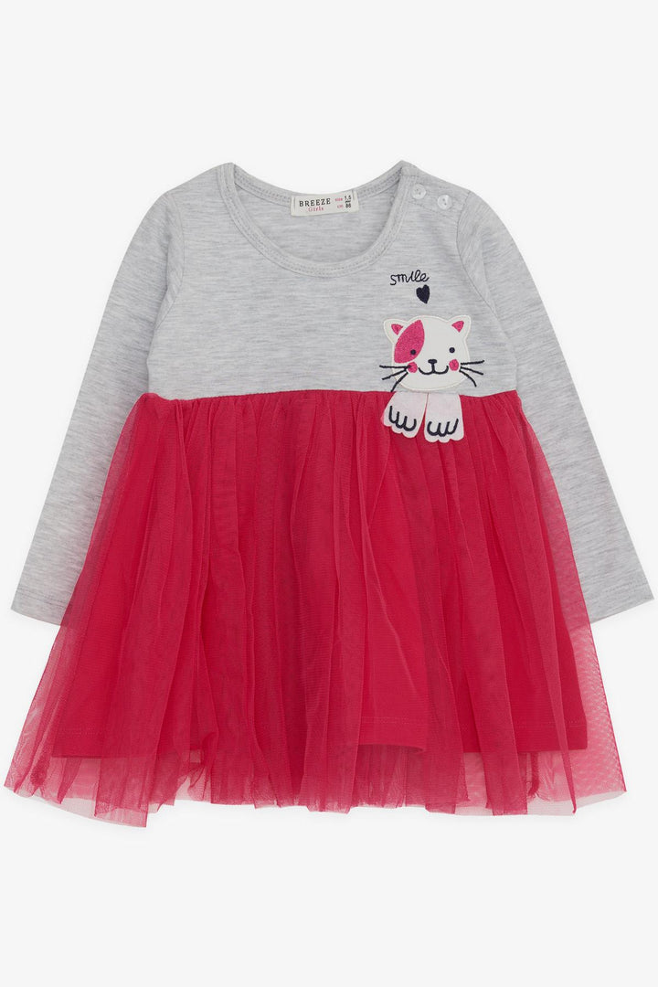 BRE Breeze Girl Child Long Sleeve Dress with Cat Embroidery 1.5-5 Years, Grey Melange - Culver City