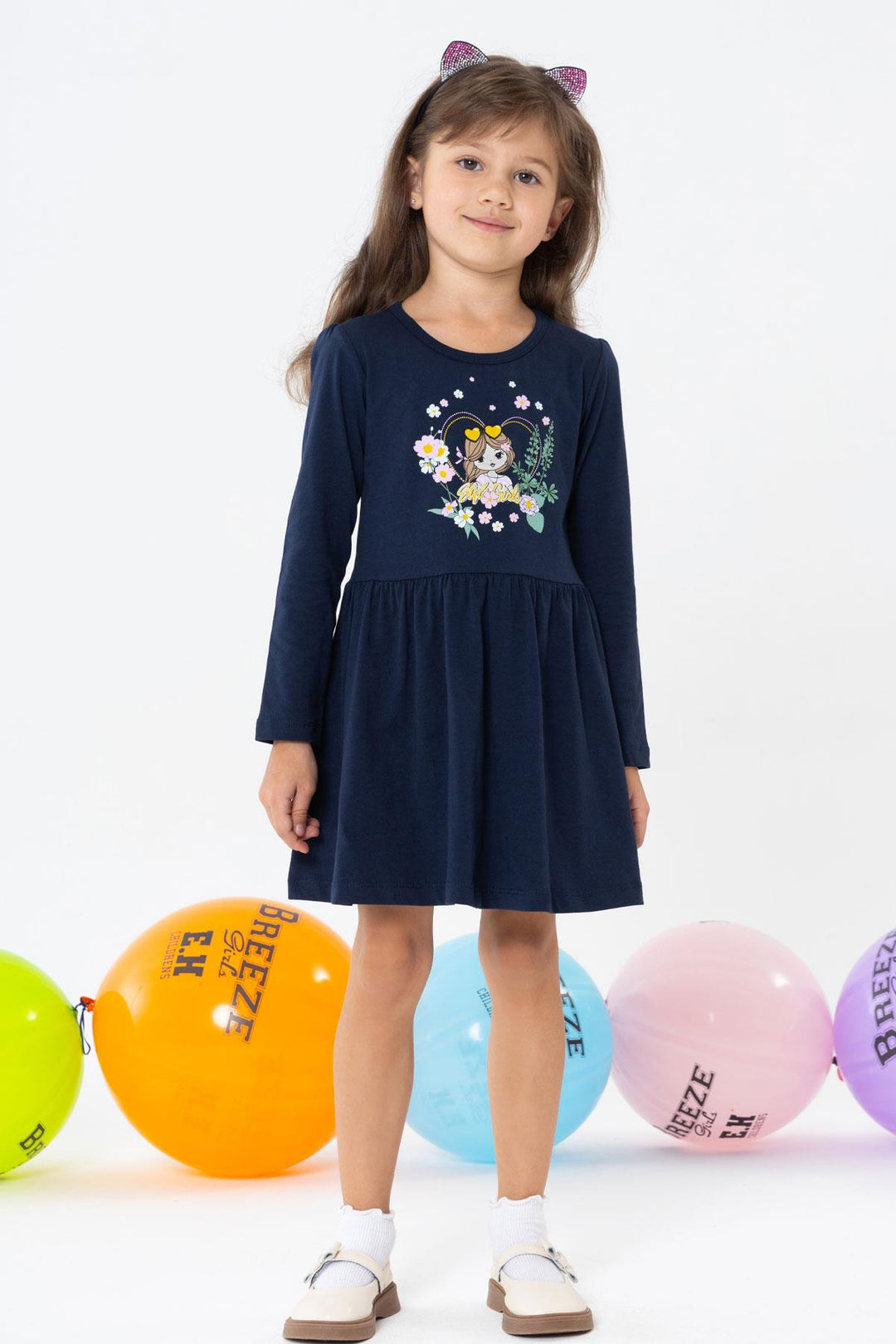 BRE Breeze Girl Child Long Sleeve Dress Girl & Flower Printed 3-7 Years, Navy Blue - Lawrence