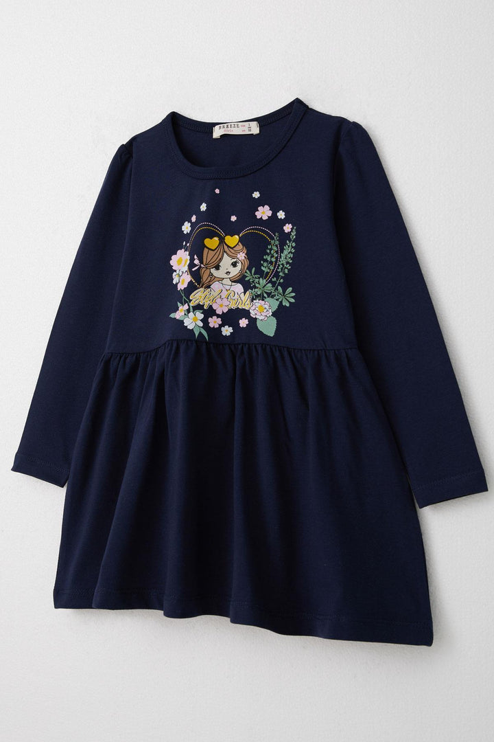 BRE Breeze Girl Child Long Sleeve Dress Girl & Flower Printed 3-7 Years, Navy Blue - Lawrence