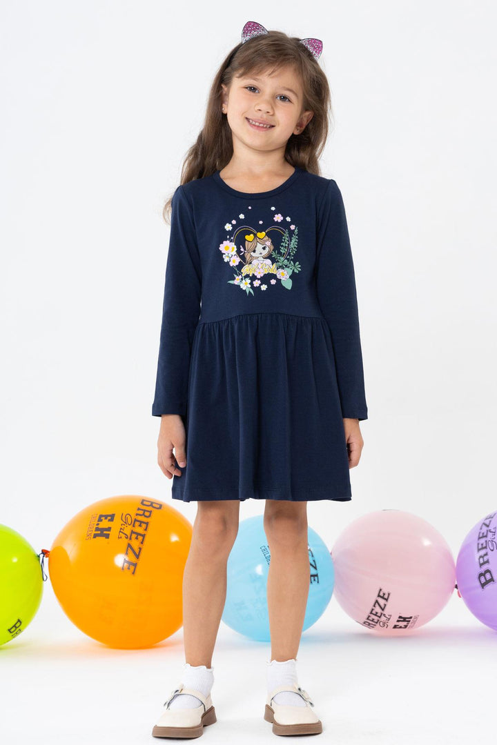 BRE Breeze Girl Child Long Sleeve Dress Girl & Flower Printed 3-7 Years, Navy Blue - Lawrence