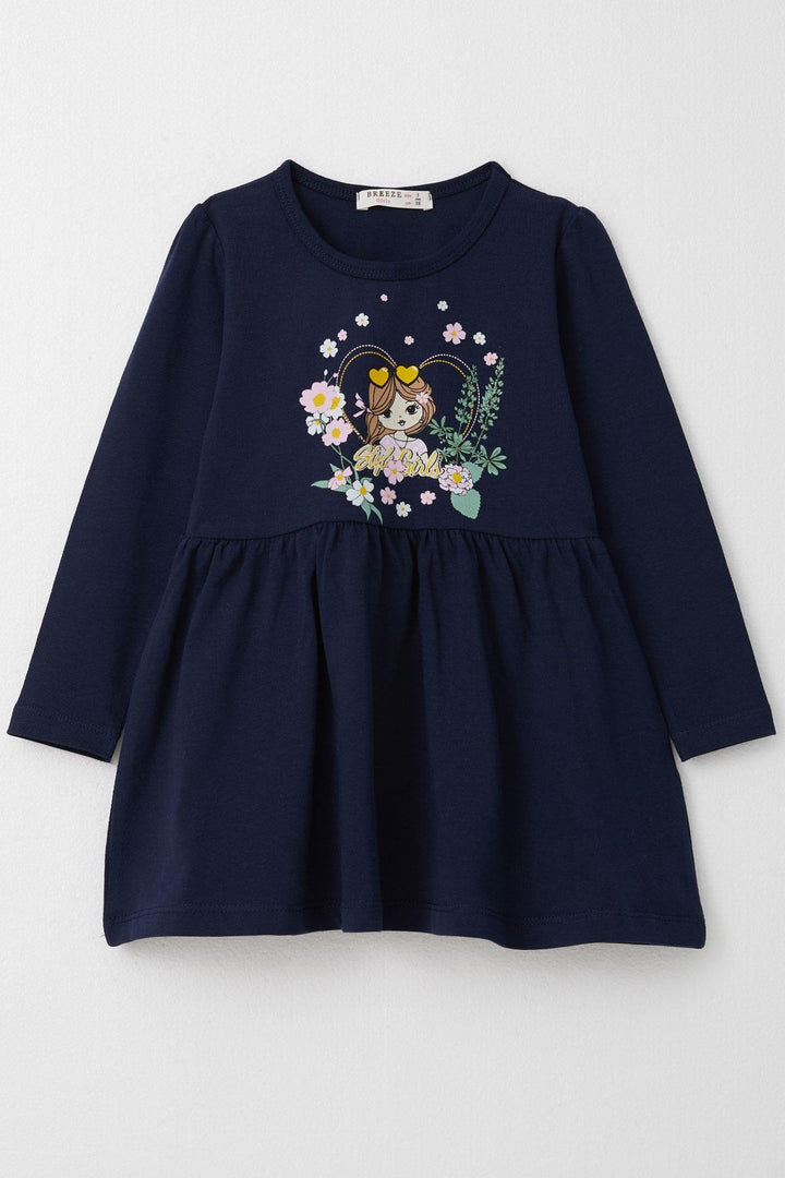 BRE Breeze Girl Child Long Sleeve Dress Girl & Flower Printed 3-7 Years, Navy Blue - Lawrence