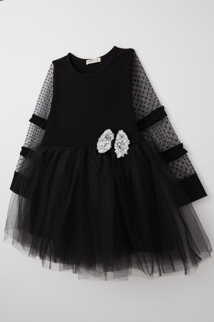 BRE Breeze Girl Child Long Sleeve Dress with Tulle Bow Accessories Tulle 50 Years, Black - Long Eaton