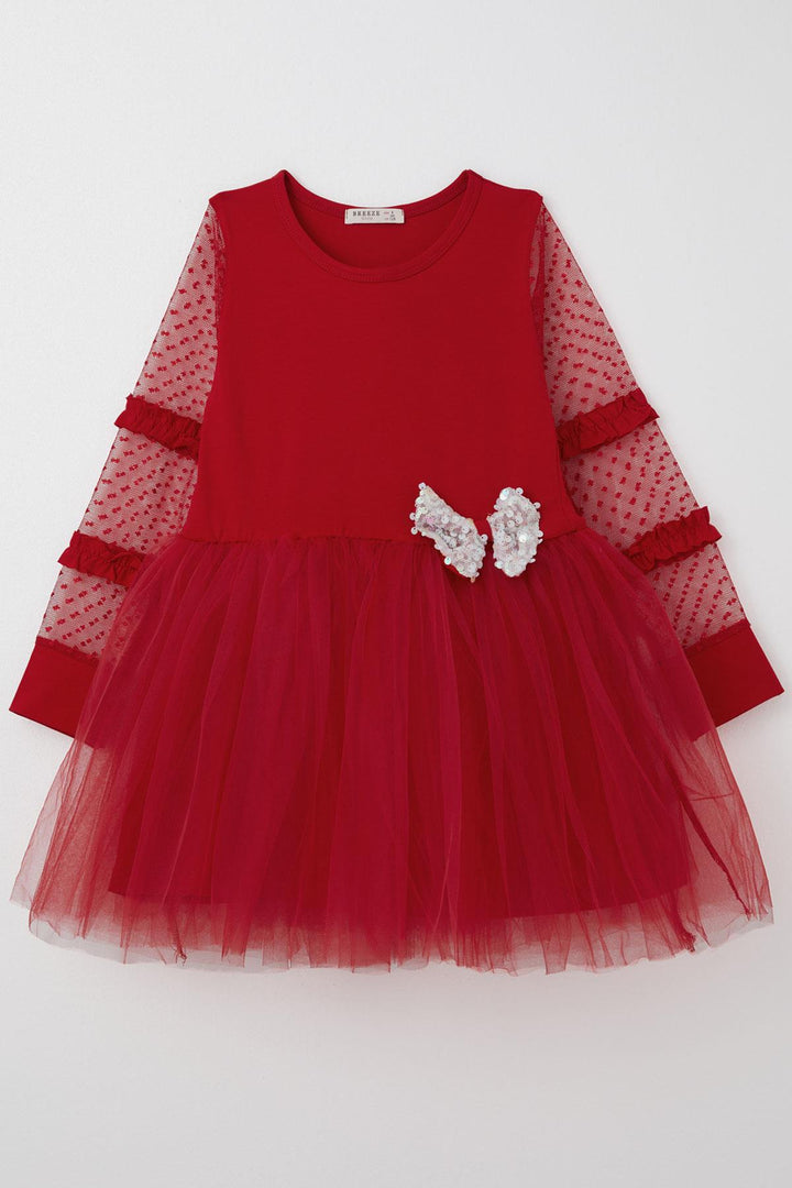 BRE Breeze Girl Child Long Sleeve Dress with Tulle Bow Accessory Tulle 50 Years, Red - Cornwall