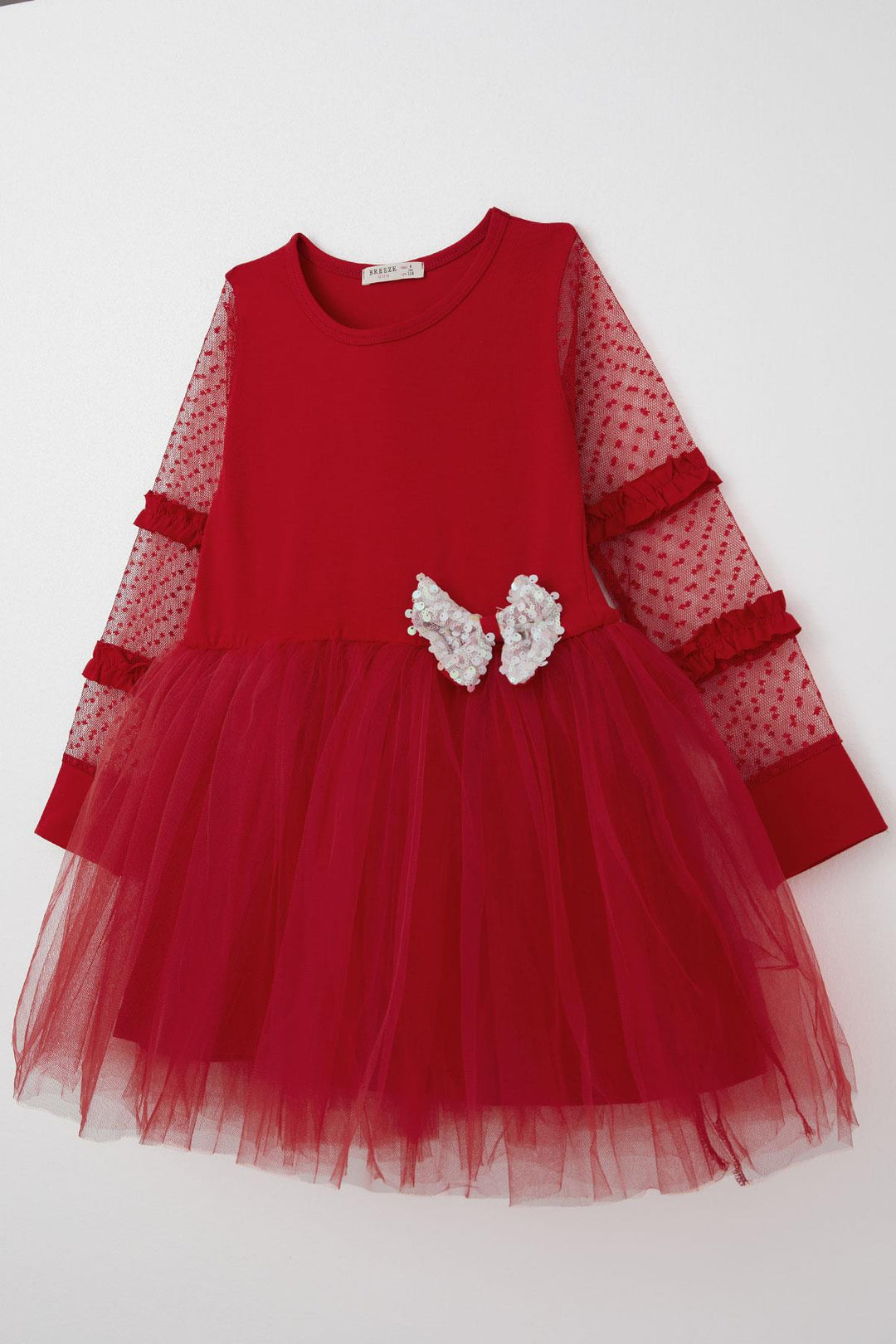 BRE Breeze Girl Child Long Sleeve Dress with Tulle Bow Accessory Tulle 50 Years, Red - Cornwall