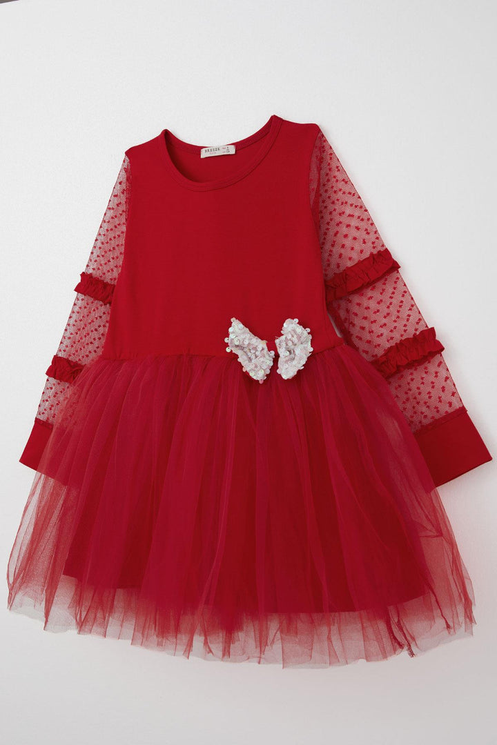 BRE Breeze Girl Child Long Sleeve Dress with Tulle Bow Accessory Tulle 50 Years, Red - Cornwall