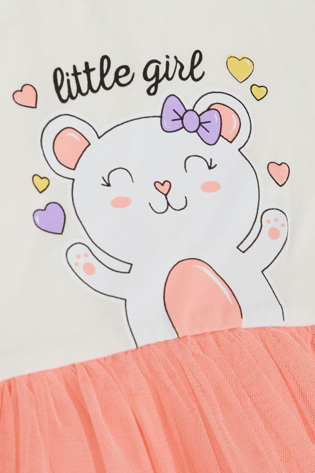 BRE Breeze Girl Child Long Sleeve Dress Little Girls Love Themed Happy Bear Printed Tulle 1-4 Years, Ecru - Noisy-le-Grand