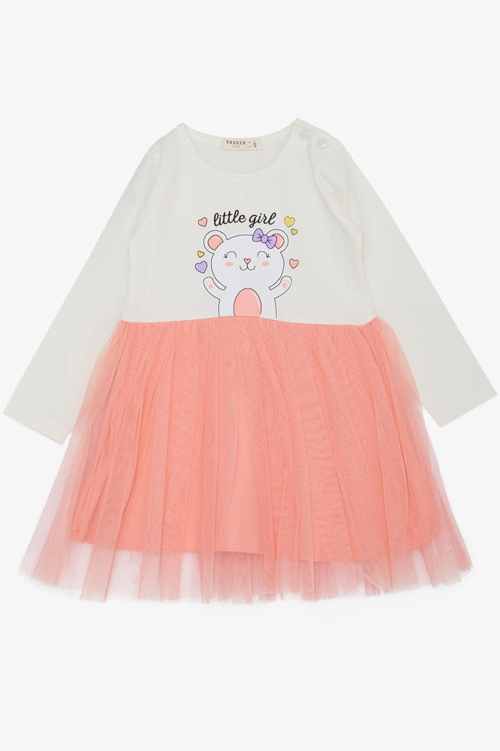 BRE Breeze Girl Child Long Sleeve Dress Little Girls Love Themed Happy Bear Printed Tulle 1-4 Years, Ecru - Noisy-le-Grand
