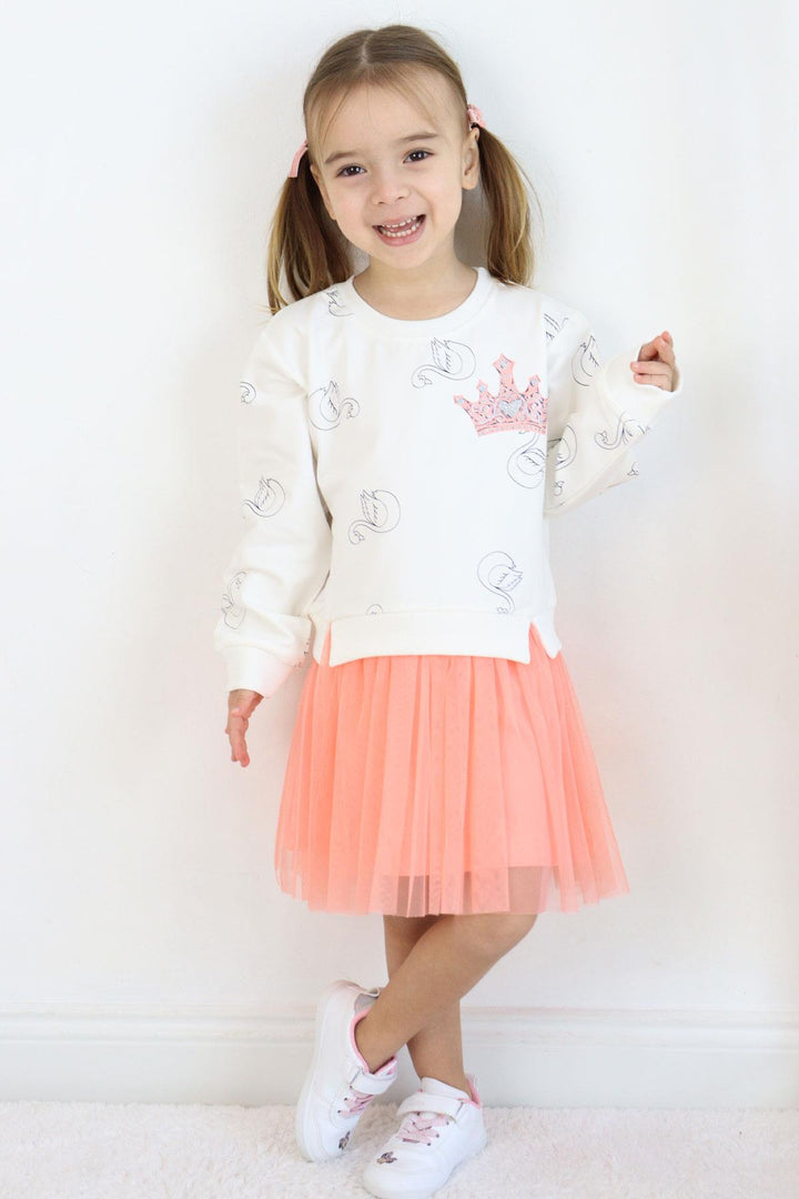 BRE Breeze Girl Child Long Sleeve Dress with Swan Pattern Glitter Crown Print 1.5-5 Years, Ecru - Duisburg