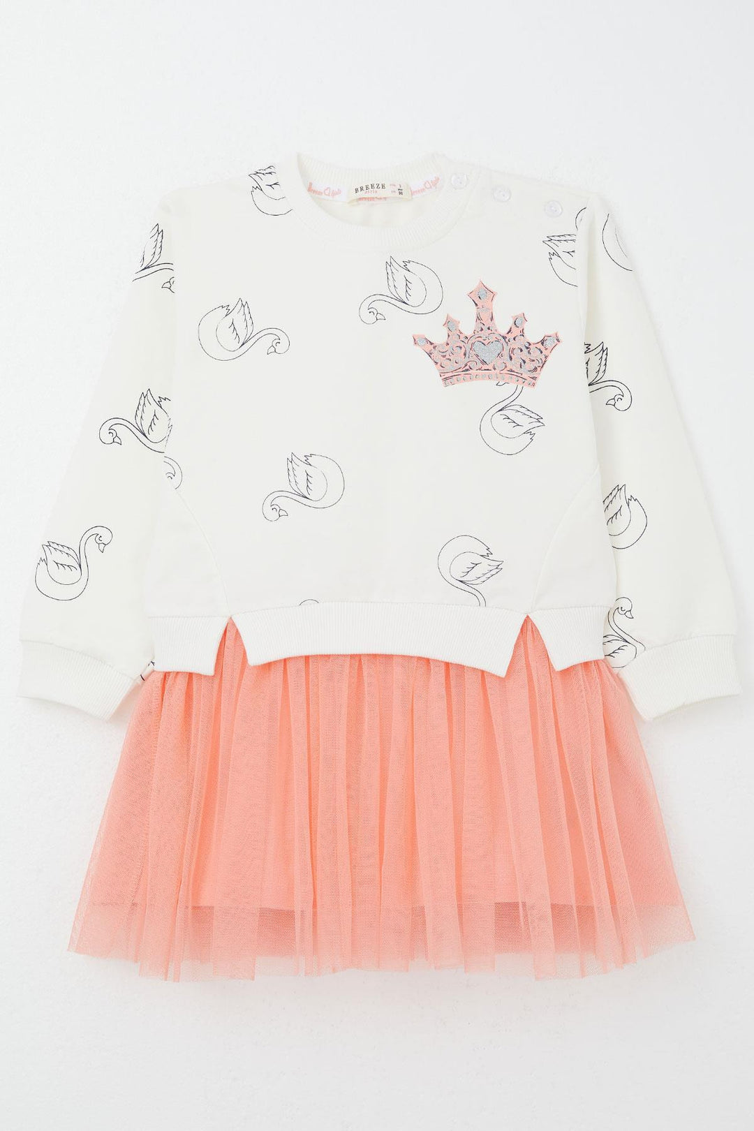 BRE Breeze Girl Child Long Sleeve Dress with Swan Pattern Glitter Crown Print 1.5-5 Years, Ecru - Duisburg
