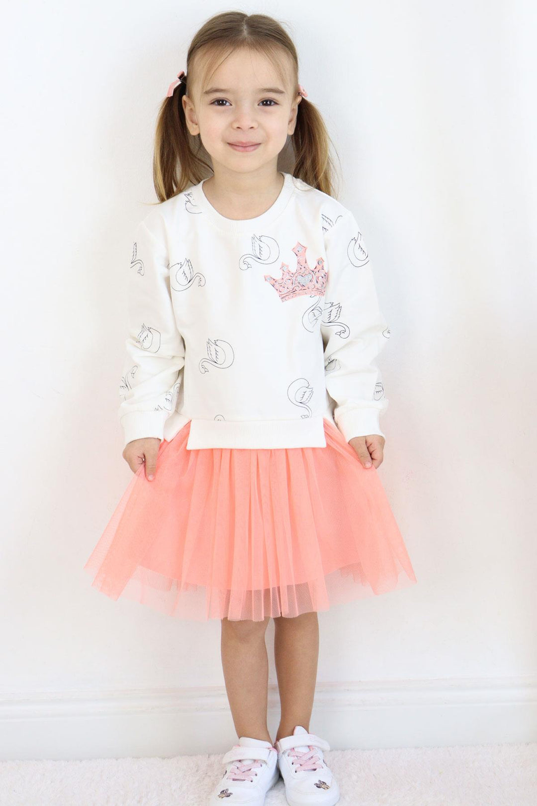 BRE Breeze Girl Child Long Sleeve Dress with Swan Pattern Glitter Crown Print 1.5-5 Years, Ecru - Duisburg