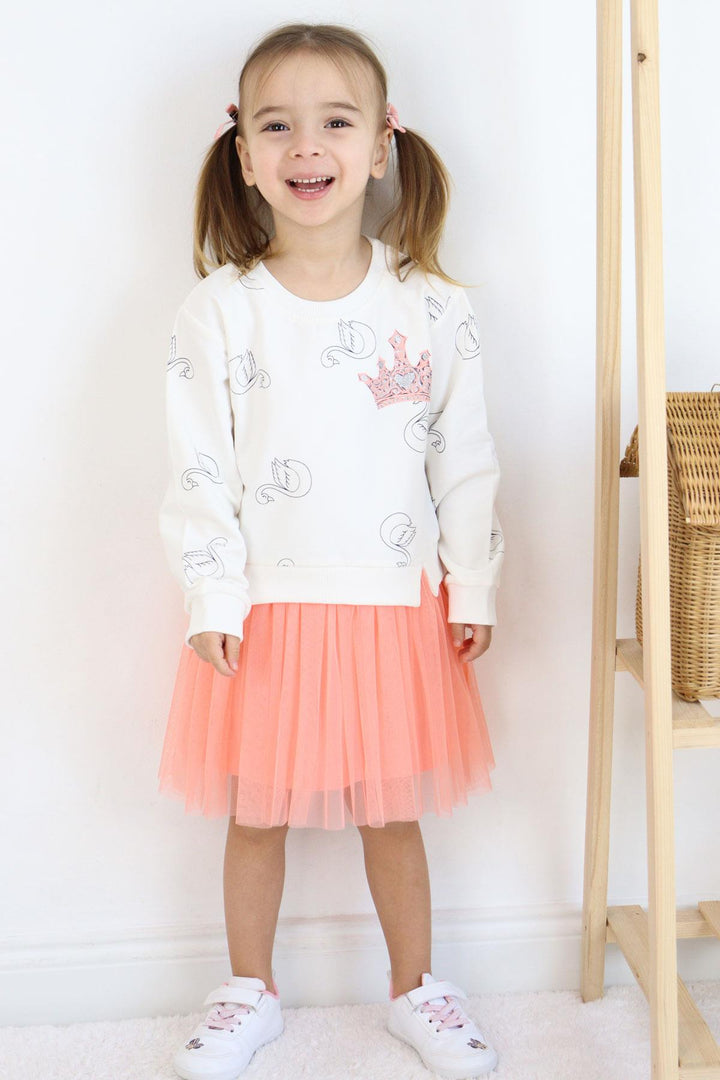 BRE Breeze Girl Child Long Sleeve Dress with Swan Pattern Glitter Crown Print 1.5-5 Years, Ecru - Duisburg