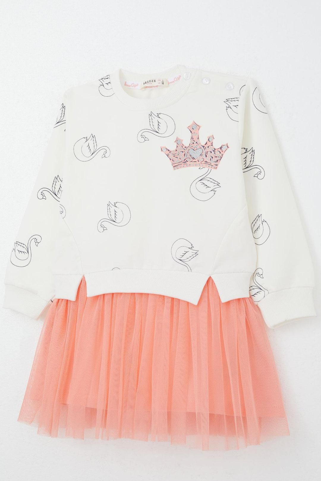 BRE Breeze Girl Child Long Sleeve Dress with Swan Pattern Glitter Crown Print 1.5-5 Years, Ecru - Duisburg