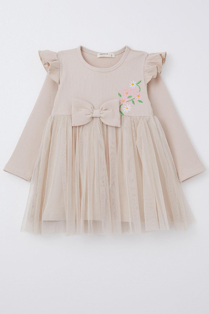 BRE Breeze Girl Child Long Sleeve Dress with Embroidered Shoulder Ruffles 3-7 Years, Beige - Gummersbach