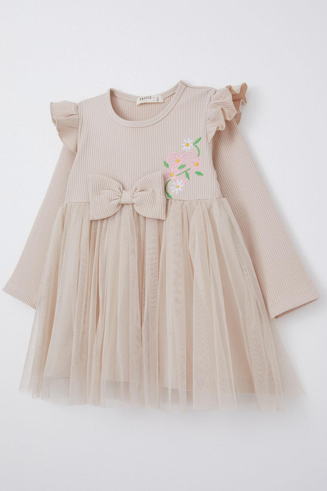 BRE Breeze Girl Child Long Sleeve Dress with Embroidered Shoulder Ruffles 3-7 Years, Beige - Gummersbach