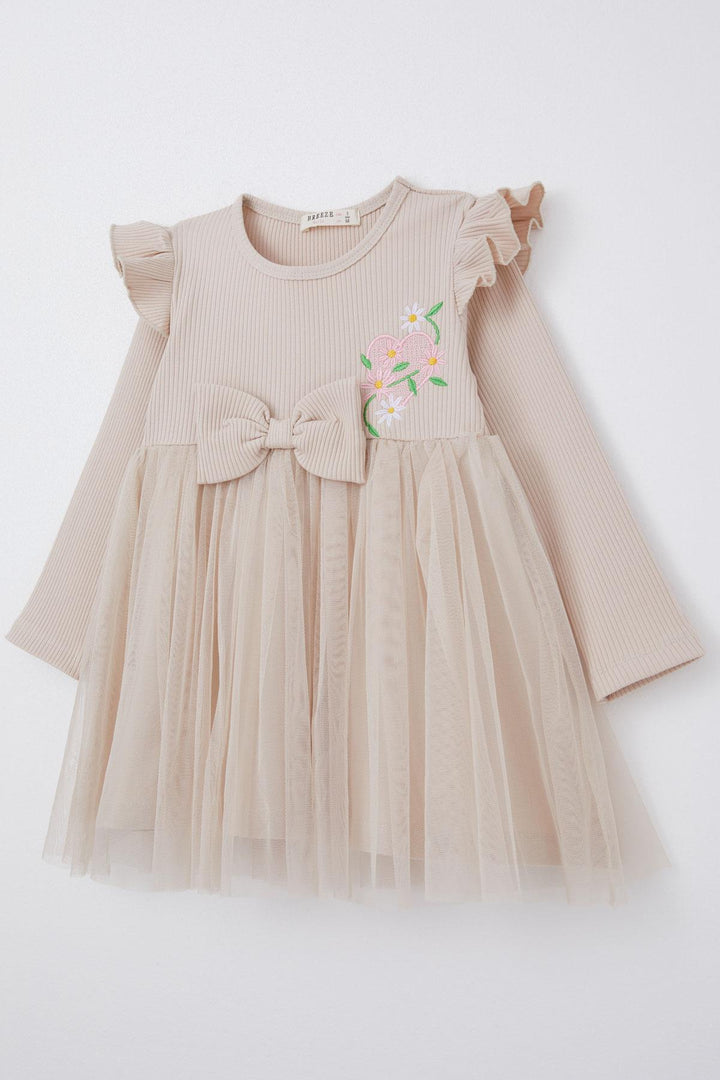 BRE Breeze Girl Child Long Sleeve Dress with Embroidered Shoulder Ruffles 3-7 Years, Beige - Gummersbach