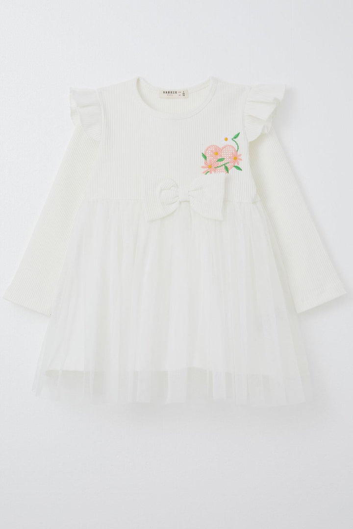 BRE Breeze Girl Child Long Sleeve Dress with Embroidered Shoulder Ruffles 3-7 Years, White - Murrieta