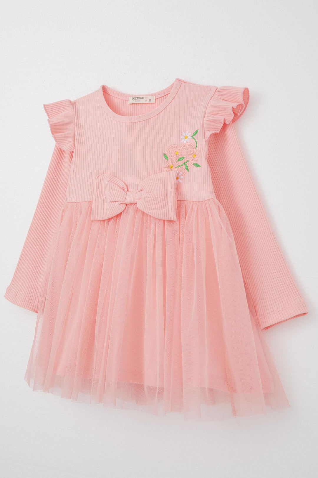 BRE Breeze Girl Child Long Sleeve Dress with Embroidered Shoulder Ruffles 3-7 Years, Salmon - Sandy