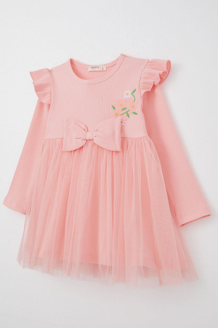 BRE Breeze Girl Child Long Sleeve Dress with Embroidered Shoulder Ruffles 3-7 Years, Salmon - Sandy