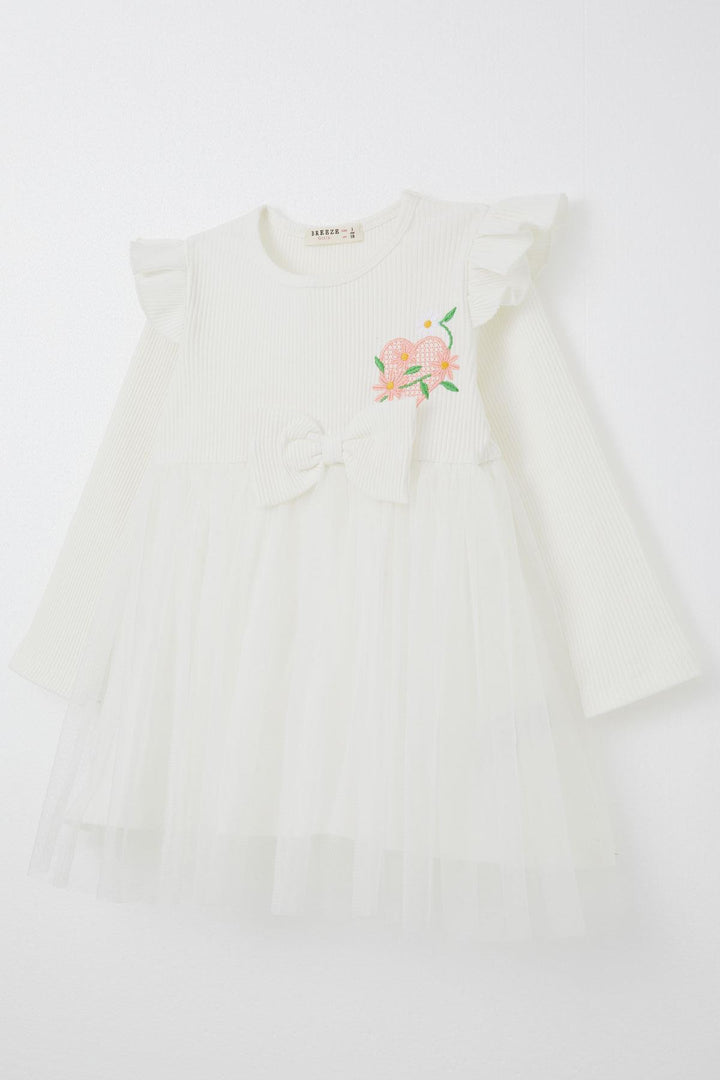 BRE Breeze Girl Child Long Sleeve Dress with Embroidered Shoulder Ruffles 3-7 Years, White - Murrieta