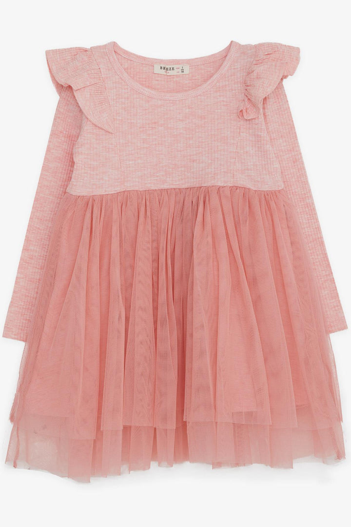 BRE Breeze Girl Child Long Sleeve Dress with Frilled Shoulders 3-8 Years, Salmon Melange - Alcobaça