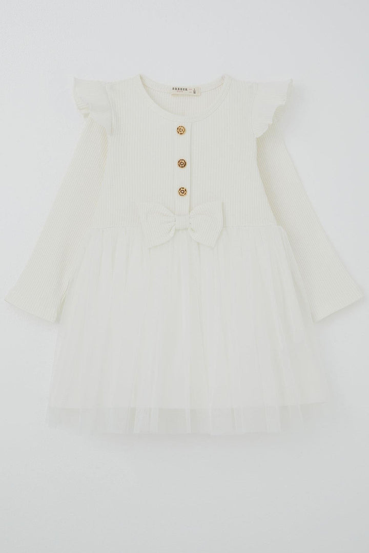 BRE Breeze Girl Child Long Sleeve Dress with Frill Detail and Bow 3-8 Years, Ecru - Encarnación de Díaz