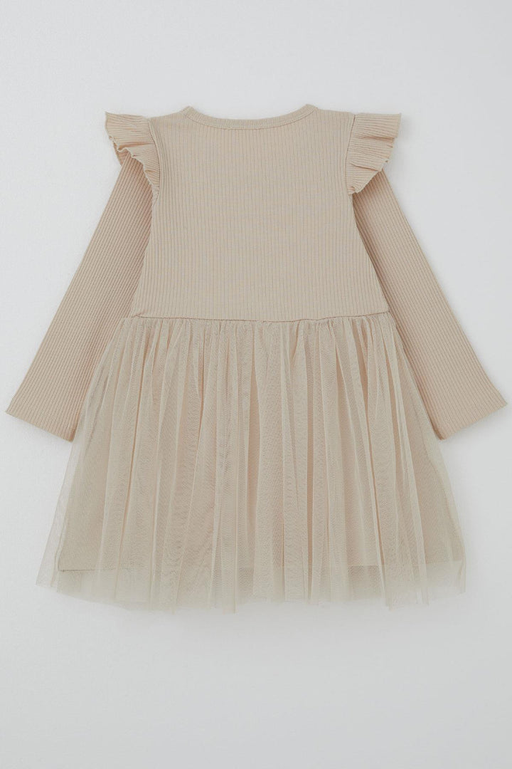 BRE Breeze Girl Child Long Sleeve Dress with Frill Detail and Bow 3-8 Years, Beige - Westminster