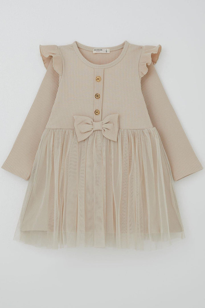 BRE Breeze Girl Child Long Sleeve Dress with Frill Detail and Bow 3-8 Years, Beige - Westminster