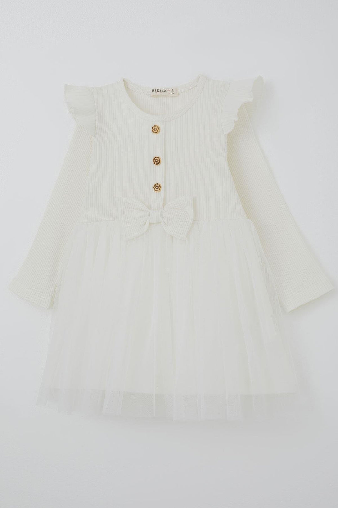 BRE Breeze Girl Child Long Sleeve Dress with Frill Detail and Bow 3-8 Years, Ecru - Encarnación de Díaz