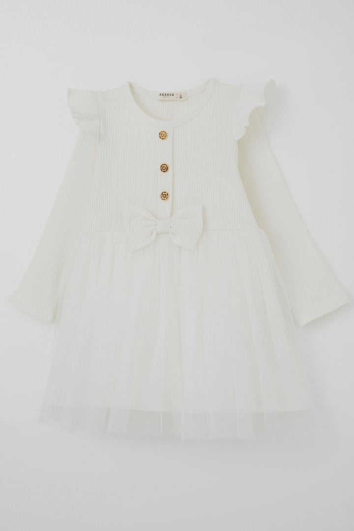 BRE Breeze Girl Child Long Sleeve Dress with Frill Detail and Bow 3-8 Years, Ecru - Encarnación de Díaz