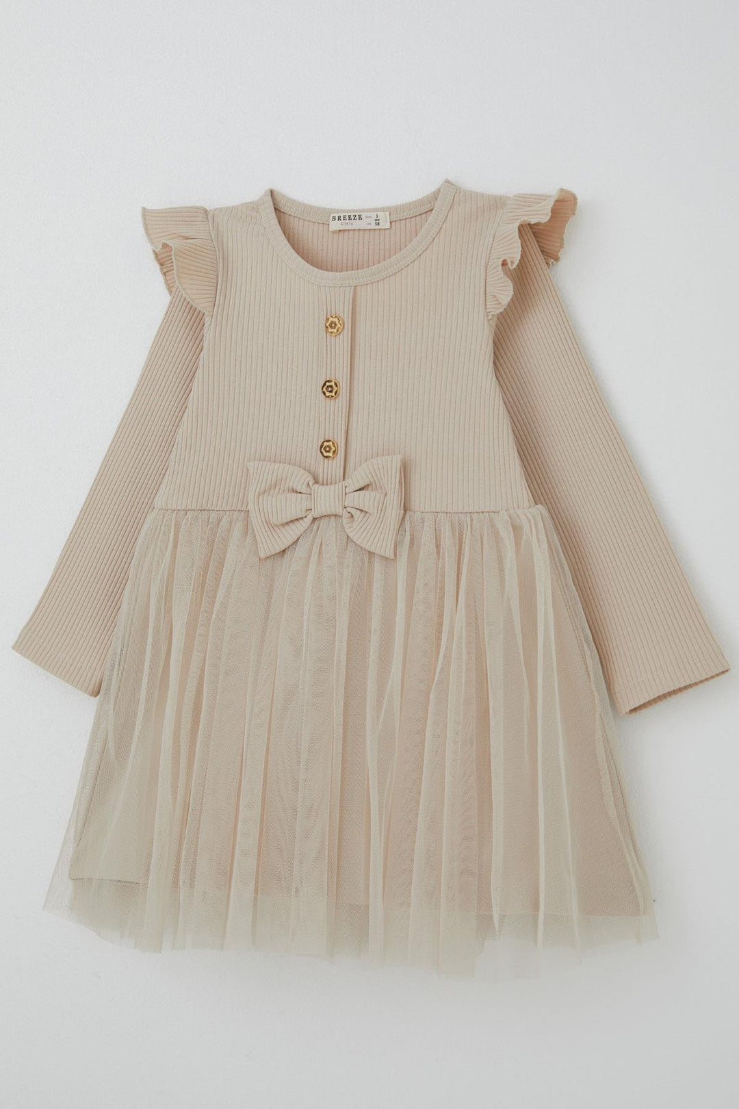 BRE Breeze Girl Child Long Sleeve Dress with Frill Detail and Bow 3-8 Years, Beige - Westminster