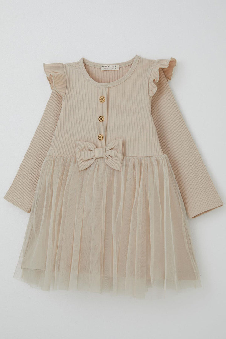 BRE Breeze Girl Child Long Sleeve Dress with Frill Detail and Bow 3-8 Years, Beige - Westminster