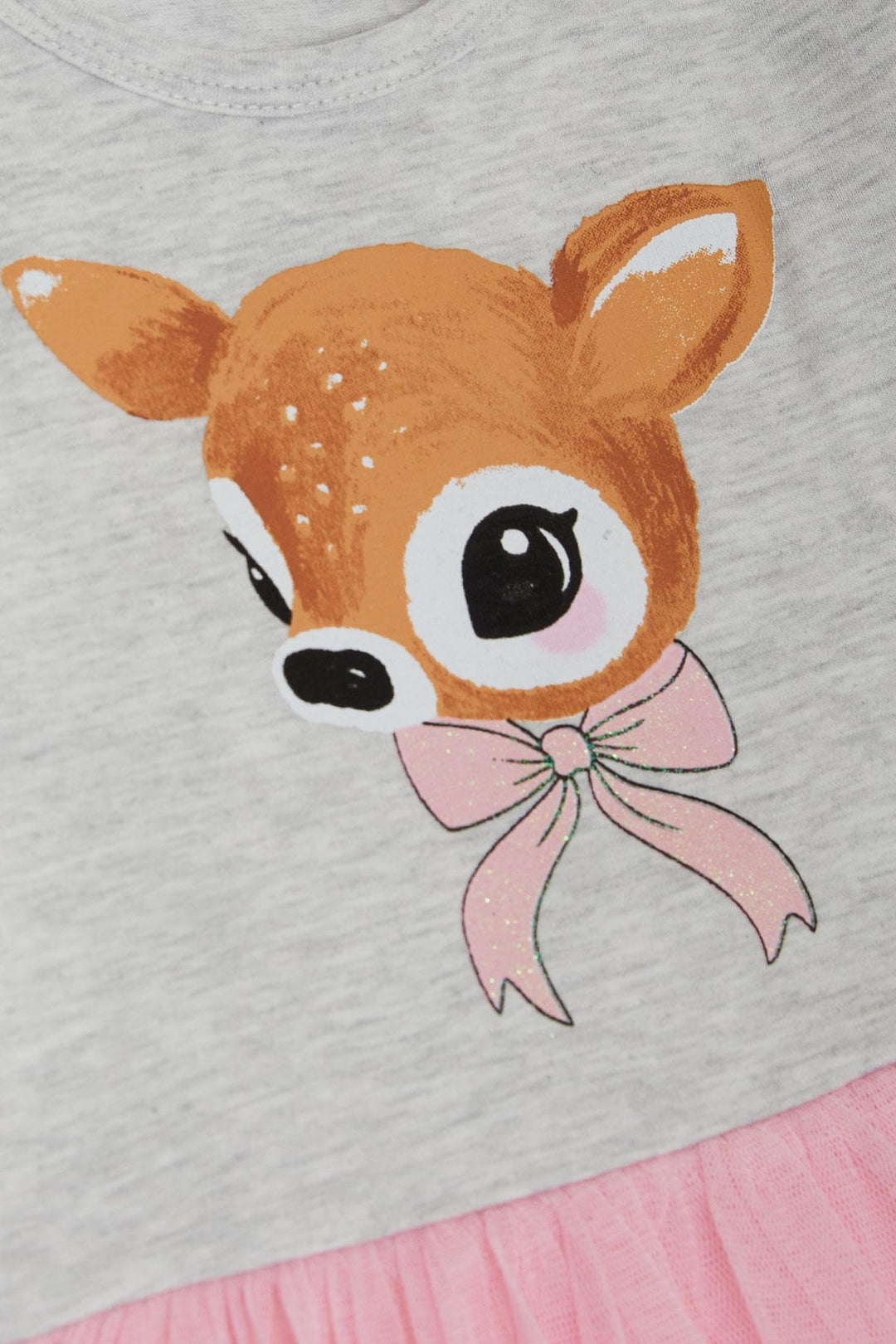 BRE Breeze Girl Child Long Sleeve Dress with Bow Tie Cute Fawn Printed Tulle 3-8 Years, Light Grey Melange - Guilderland