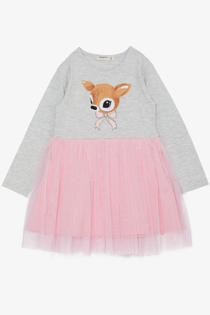 BRE Breeze Girl Child Long Sleeve Dress with Bow Tie Cute Fawn Printed Tulle 3-8 Years, Light Grey Melange - Guilderland