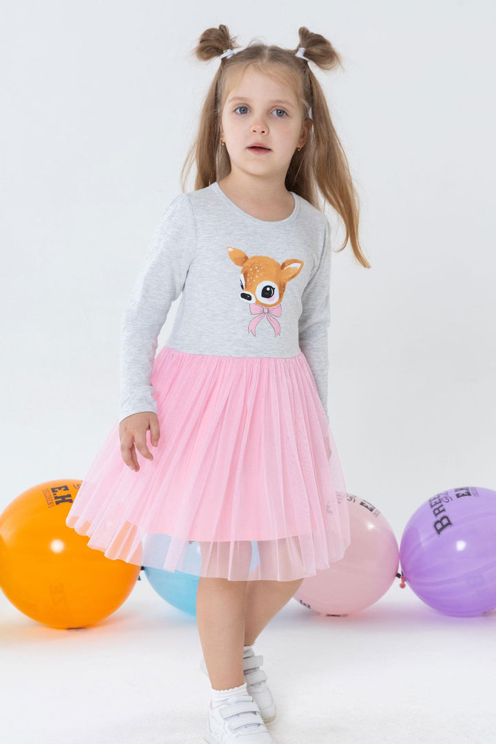 BRE Breeze Girl Child Long Sleeve Dress with Bow Tie Cute Fawn Printed Tulle 3-8 Years, Light Grey Melange - Guilderland